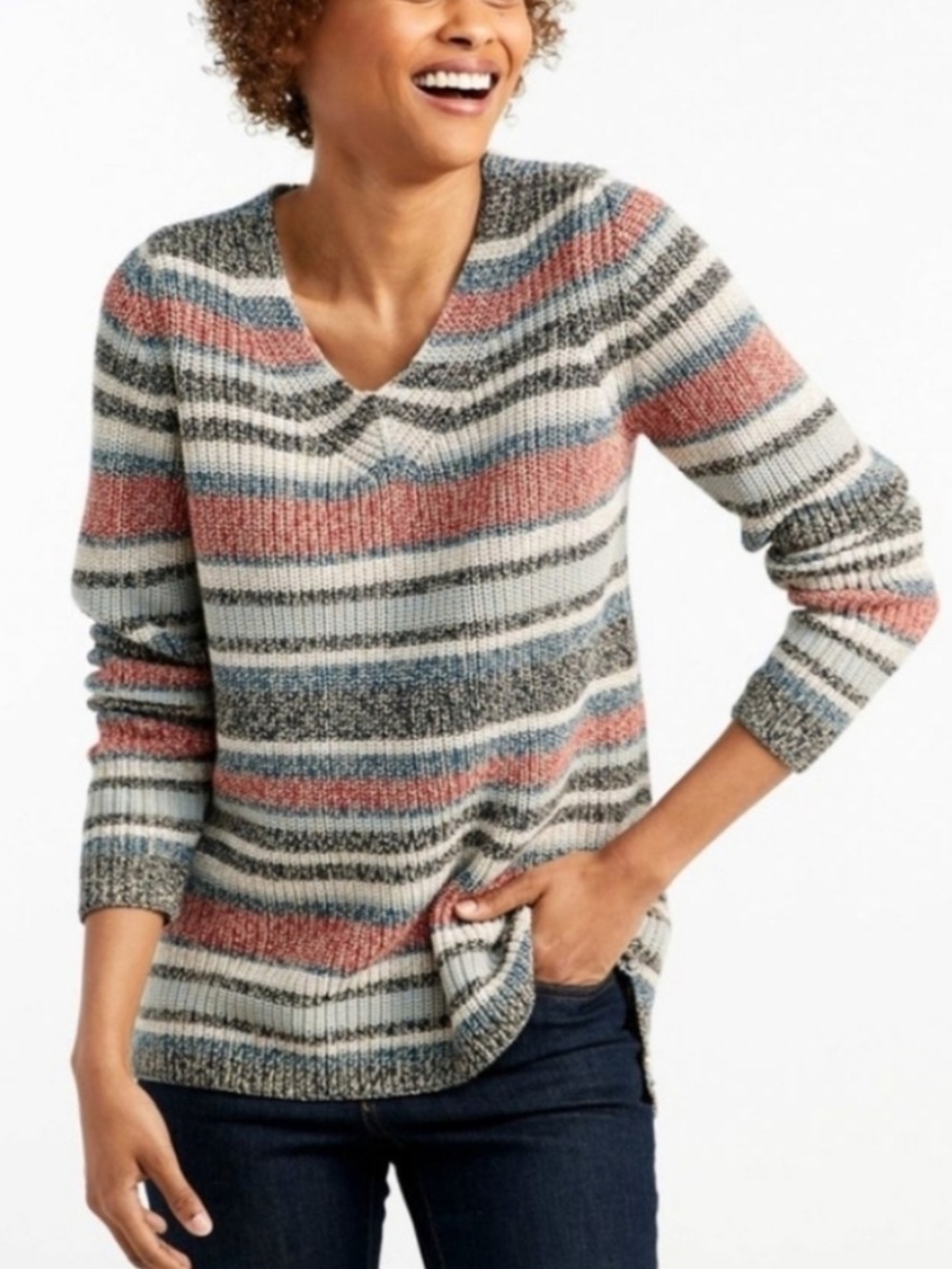 L.L. Bean Striped V-Neck Sweater in Cream, Pink & Gray Size Medium